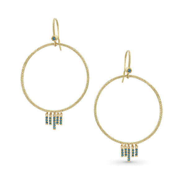 textured open circle with diamond chevron fringe earring, in blue diamonds and yellow gold <span class='visuallyhidden'>Call, text 323-404-2959 for shopping help.</span>